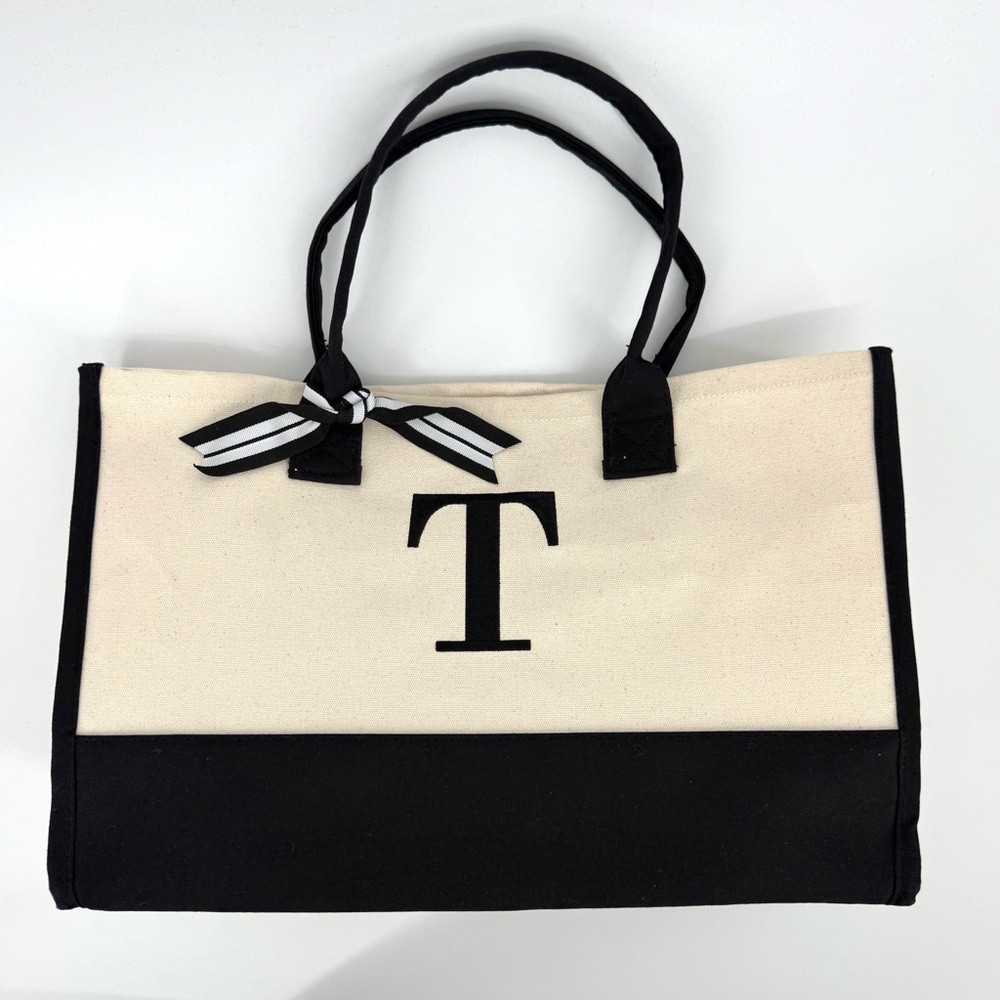 Embroidered Monogrammed “T” Black and Cream Tote Bag Reusable Grocery Beach Gift